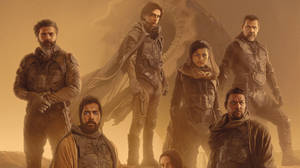 Dune 2021 Main Characters With Sandworm Wallpaper