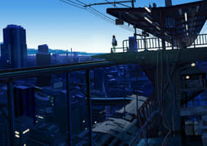 Duskin Tokyo Skylinewith Lone Figure Wallpaper