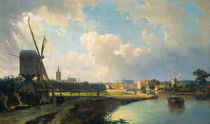 Dutch Windmills Painting Delft Scenery Wallpaper