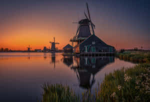 Dutch Windmillsat Sunset Wallpaper