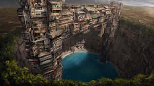 Dystopian_ Cliffside_ Cityscape Wallpaper