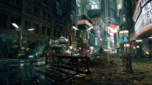 Dystopian Skyline Of The Chaotic And Dark City In Blade Runner Wallpaper