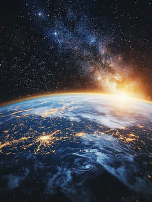 Earth's Horizon At Sunrise With Space Galaxy And City Lights Wallpaper