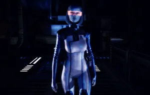 Edi From Mass Effect Standing In Front Of A Technological Background Wallpaper