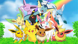 Eevee_ Evolutions_with_ Pikachu_ Rainbow_ Background Wallpaper