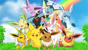 Eevee_ Evolutions_with_ Pikachu_ Rainbow_ Background Wallpaper