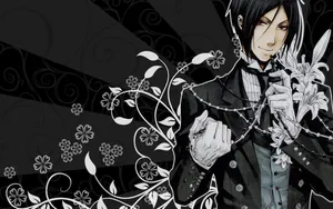 Elegant_ Anime_ Butler_ Floral_ Background Wallpaper