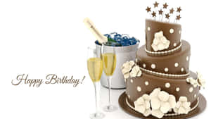 Elegant Birthday Celebration Cake Champagne Wallpaper