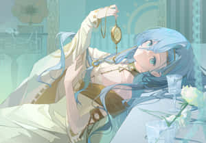 Elegant Blue Haired Anime Girlwith Pocket Watch Wallpaper