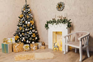 Elegant Christmas Treeand Fireplace Decor Wallpaper