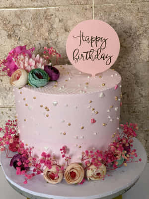 Elegant Pink Floral Birthday Cake Wallpaper