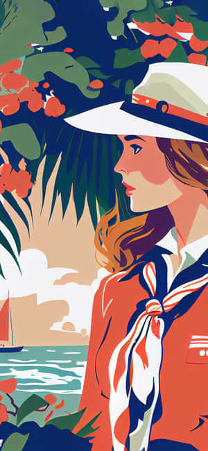 Elegant Preppy Girl Seaside Illustration Wallpaper