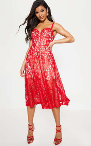 Elegant Red Lace Dress On A Beautiful Model Wallpaper