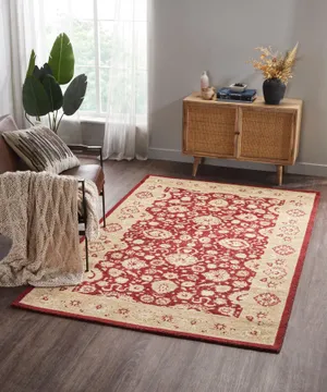 Elegant Redand Beige Area Rugin Living Room Setting Wallpaper