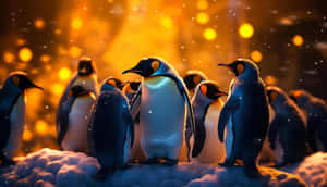 Emperor Penguins Glowing Sunset Wallpaper