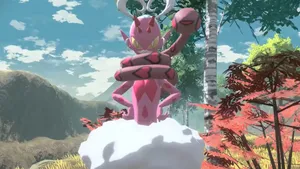 Enamorus Beside A Red Plant Wallpaper