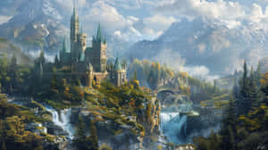 Enchanted_ Castle_ Amidst_ Mountains_and_ Waterfalls.jpg Wallpaper