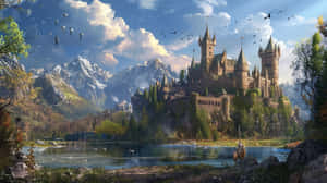 Enchanted_ Castle_by_the_ Mountain_ Lake Wallpaper