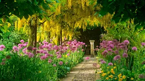 Enchanted Floral Walkway Garden Wallpaper