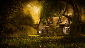 Enchanted Forest Cottage Sunset Wallpaper