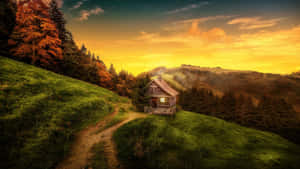 Enchanted Forest Cottage Sunset Wallpaper