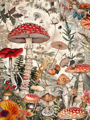 Enchanted Forest Mushroomsand Butterflies Wallpaper