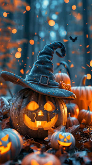 Enchanted Halloween Pumpkinwith Witch Hat Wallpaper