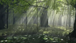 Enchanting 3d Forest With Majestic Trees And Sun Rays Wallpaper
