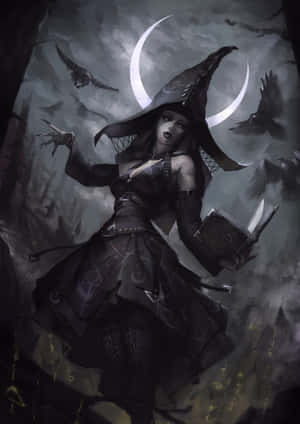 Enchanting Dark Witch In Moonlit Forest Wallpaper