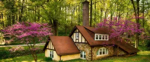 Enchanting Forest Cottage Springtime Wallpaper