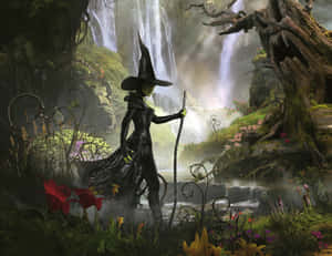 Enchanting Green Witch In The Mystical Forest Wallpaper