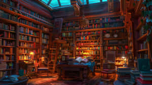 Enchanting Home Library Nighttime Wallpaper