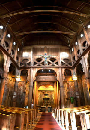 Enchanting Interior Of Heddal Stave Church, Norway Wallpaper