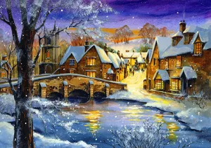 Enchanting Snowy Village Nightscape Wallpaper