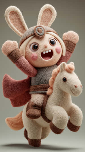 Energetic Labubu Plush Hero Riding A Friendly Plush Horse Wallpaper