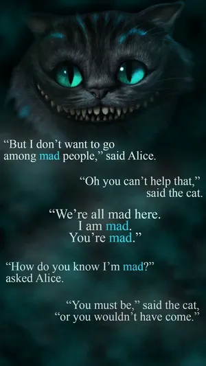 Enigmatic Cheshire Cat Grinning Among Quotes Wallpaper