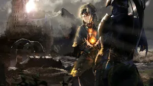 Enigmatic Fire Keeper In A Majestic Landscape Wallpaper