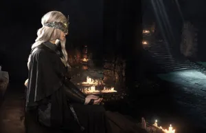 Enigmatic Fire Keeper Standing Amidst A Cold And Mystical Landscape Wallpaper