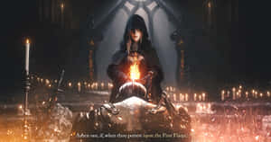 Enigmatic Fire Keeper Standing In The Dark With Glowing Eyes Wallpaper