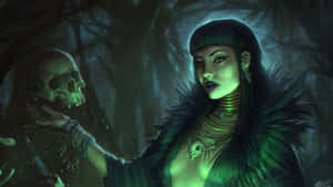 Enigmatic Green Witch Forest Skull Wallpaper