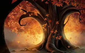 Enjoy The Beauty Of Autumn With This Cute Desktop Wallpaper Featuring A Sun Soaked Grove Under A Clear Blue Sky. Wallpaper