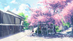 Enjoy The Beauty Of Cherry Blossoms Against A Charming Anime Backdrop Wallpaper