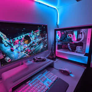 Enjoy The Ultimate Gaming Experience With This Professional Gaming Pc Setup Wallpaper