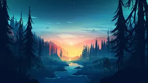 Environment Painting Forest Sunset Wallpaper