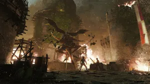 Epic Battle Against Giant Creature Wallpaper