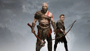 Epic Battle Scene Featuring Kratos And Atreus From God Of War Wallpaper