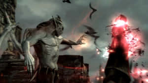 Epic Battle - The Dragonborn Taking On A Vampire Lord In Skyrim Dawnguard Wallpaper