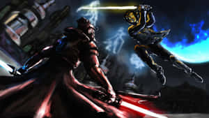 Epic Lightsaber Duel In Battle Wallpaper