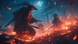 Epic_ Samurai_ Battle_ Under_ Torii_ Gate Wallpaper