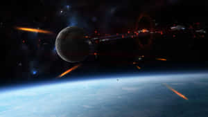 Epic_ Space_ Battle_ Above_ Planet Wallpaper